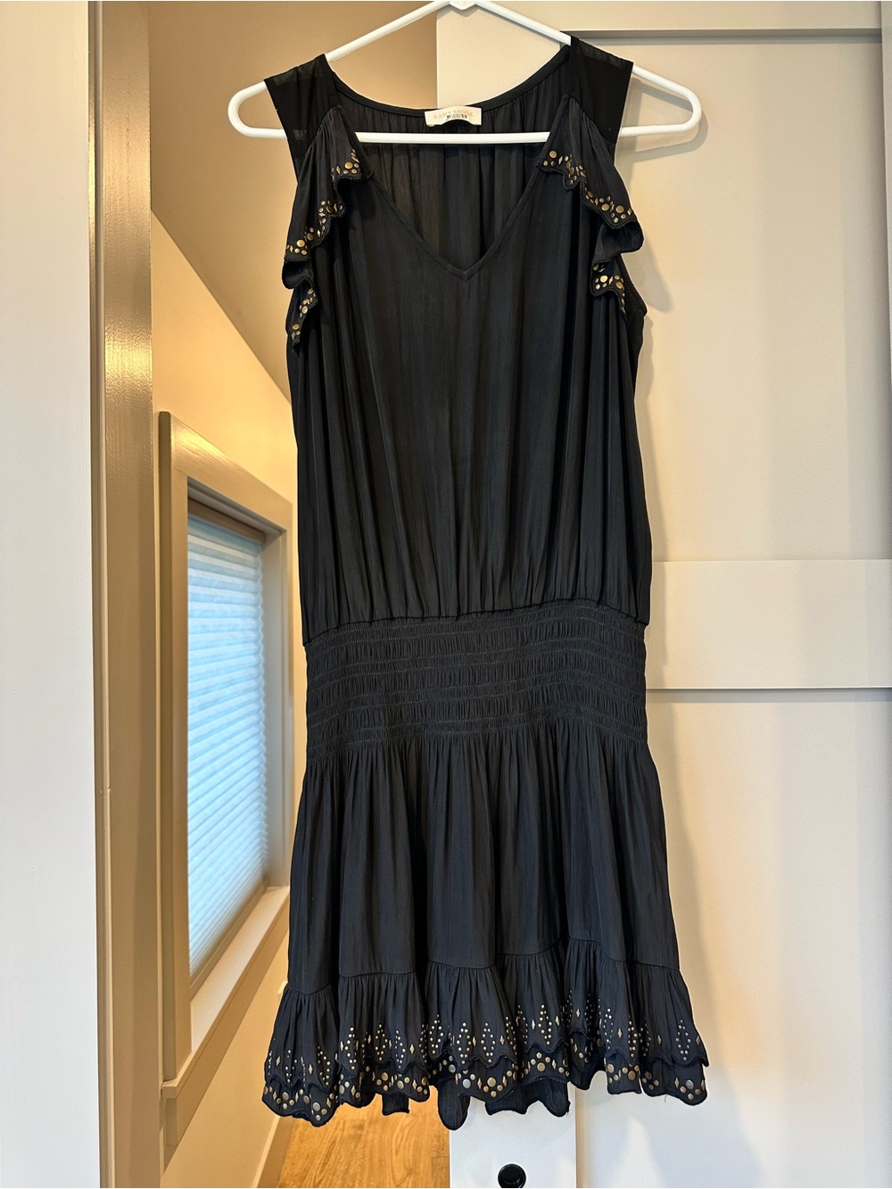 Ramy Brook Black Sleeveless V-Neck Ruffle Dress with Eyelet Hem